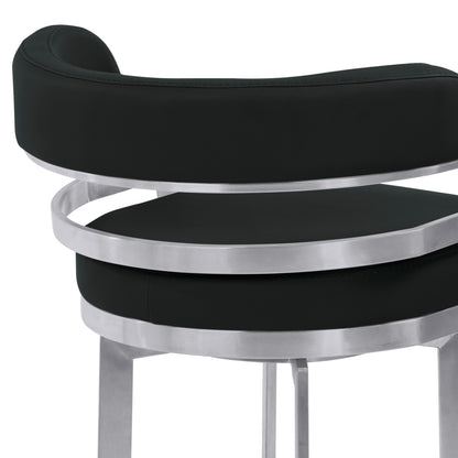 38" Black And Silver Faux Leather And Iron Swivel Low Back Bar Height Chair With Footrest