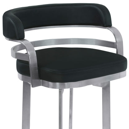 38" Black And Silver Faux Leather And Iron Swivel Low Back Bar Height Chair With Footrest