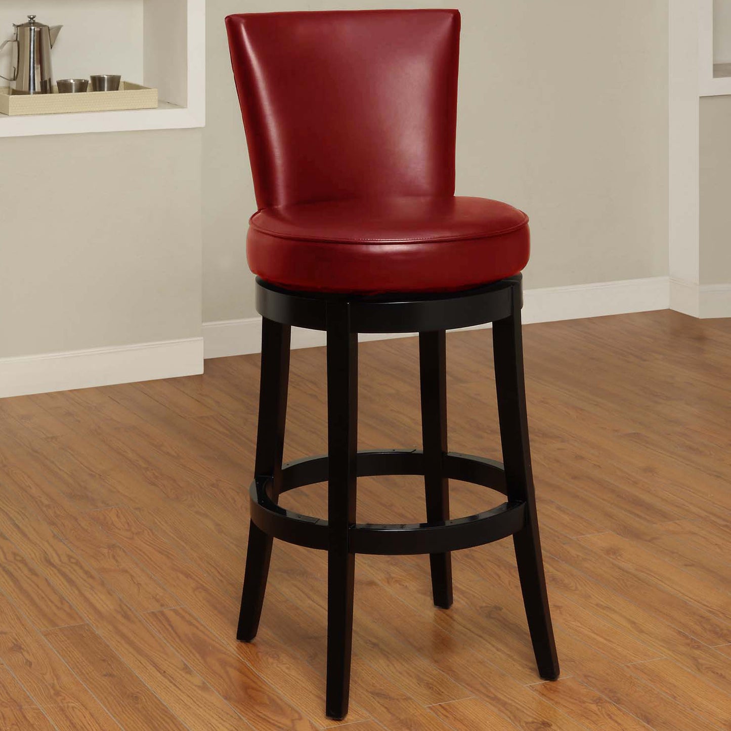 26" Red Faux Leather Round Seat Black Wood Swivel Armless Bar Stool
