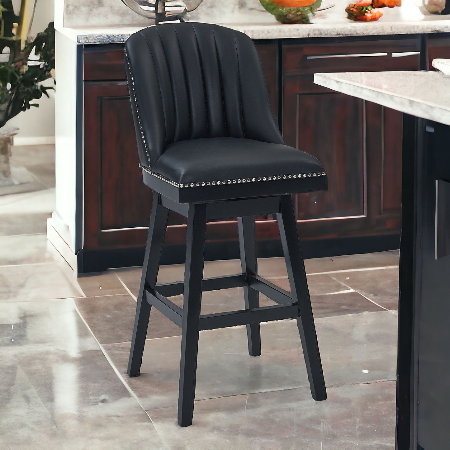 27" Black Solid Wood and Faux Leather Swivel Counter Height Bar Chair