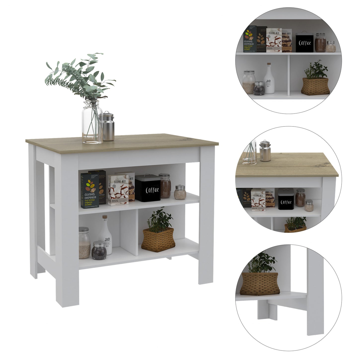 Modern White and Light Oak Kitchen Island