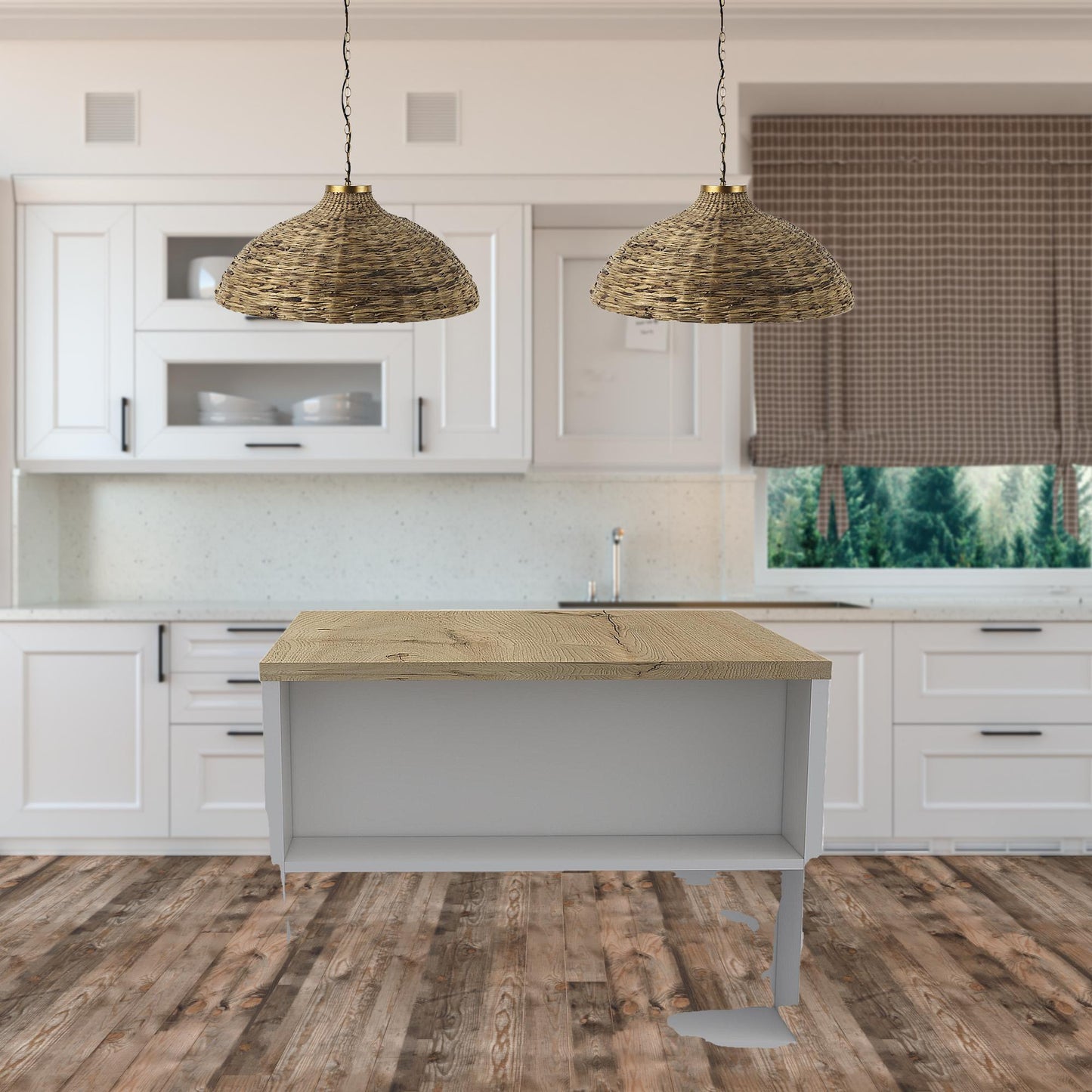 Stylish White and Pine Kitchen Counter and Dining Table Combination