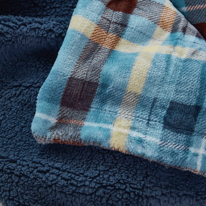 Blue Plaid Reversible Velvet and Sherpa Throw Blanket