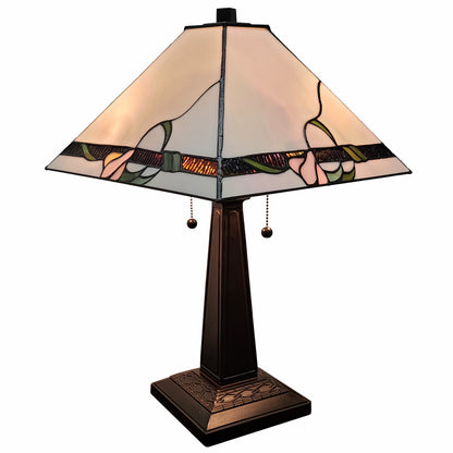 23" White Stained Glass Floral Two Light Mission Style Table Lamp