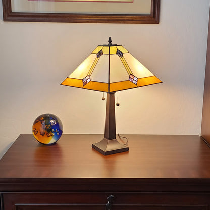21" Amber Cream and Blue Stained Glass Two Light Mission Style Table Lamp