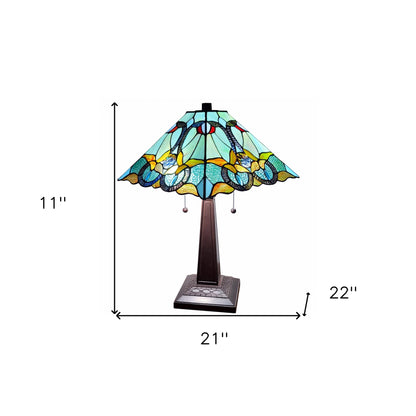 23" Aqua Blues and Amber Abstract Stained Glass Two Light Mission Style Table Lamp