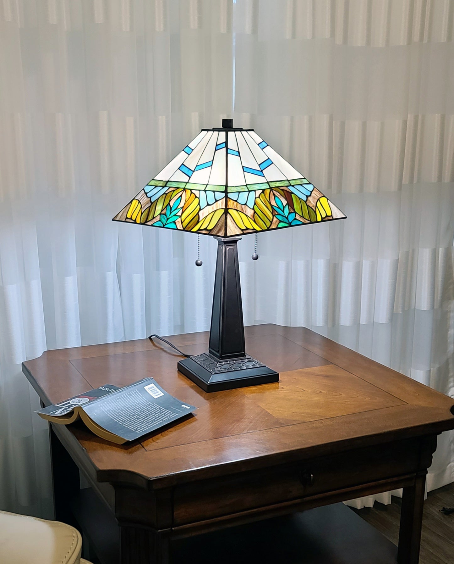 23" White and Aqua Stained Glass Two Light Mission Style Table Lamp