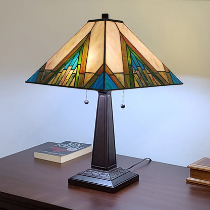 23" Stained Glass Handcrafted Pyramid Style Two Light Mission Style Table Lamp