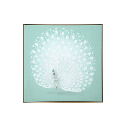 White Peacock on Green Gold Floater Frame Canvas Wall Art