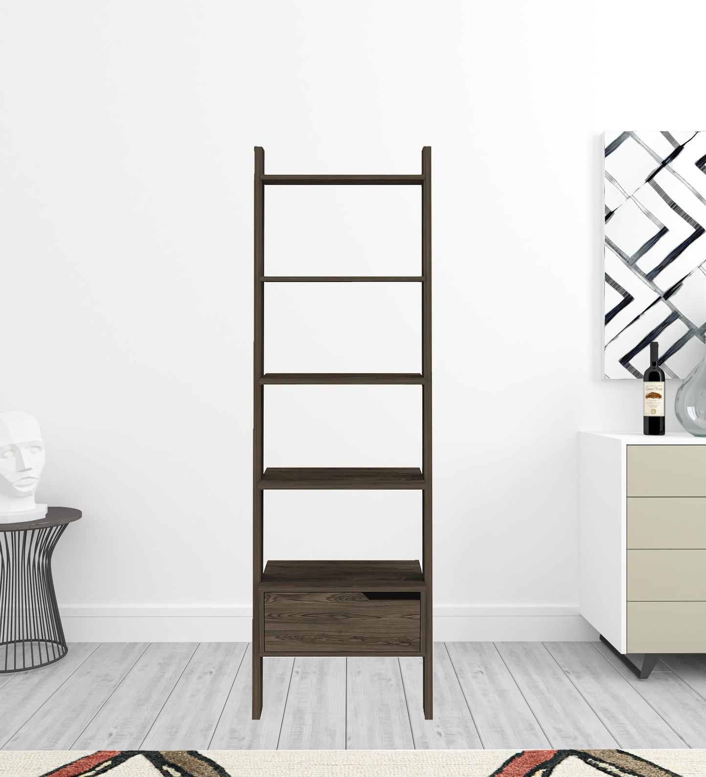 70" Dark Walnut Five Tier Ladder Bookcase with Drawer