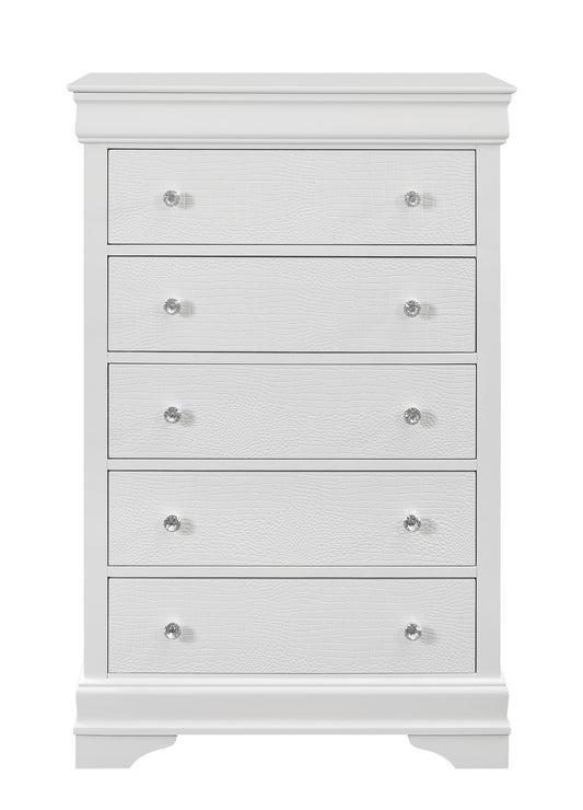 31" Metallic White Solid Wood Five Drawer Chest