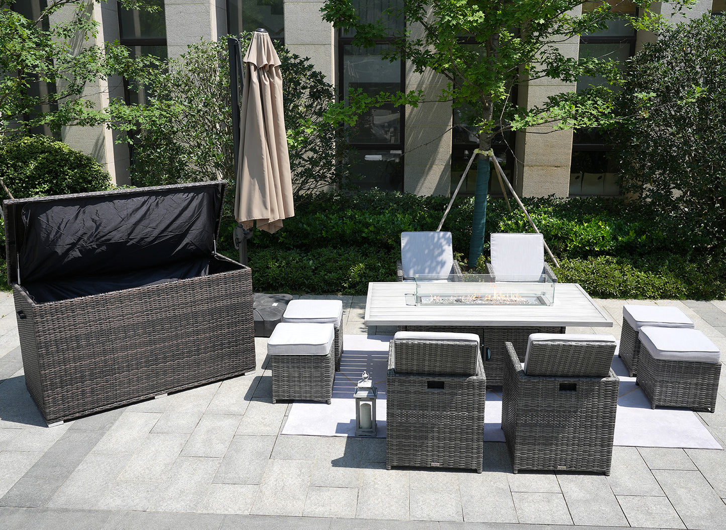 Ten Piece Outdoor Gray Wicker Multiple Chairs Seating Group Fire Pit Included With Cushions