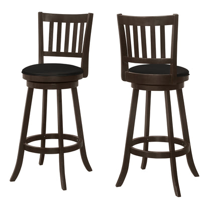 Set Of Two 29" Black And Espresso Faux Leather And Solid Wood Swivel Bar Height Bar Chairs With Footrest