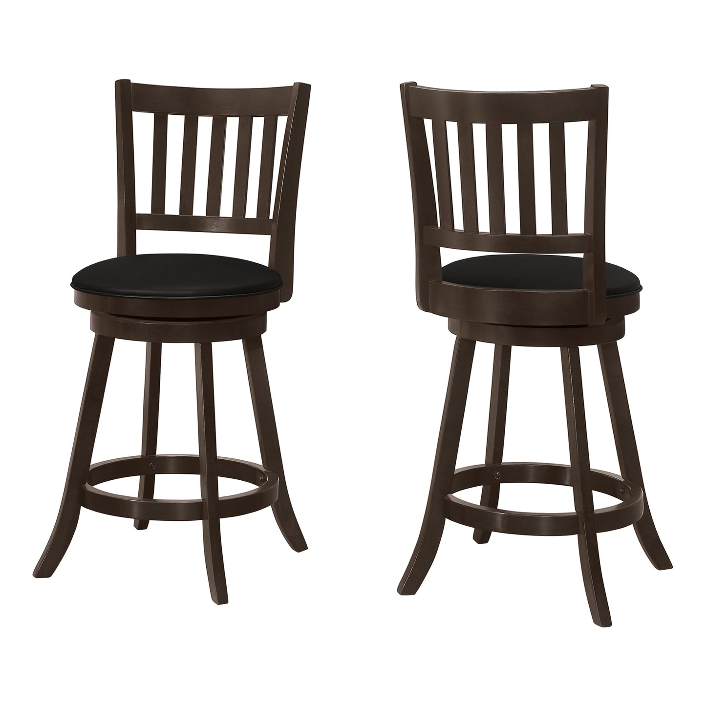 Set Of Two 23" Black And Espresso Faux Leather And Solid Wood Swivel Counter Height Bar Chairs With Footrest