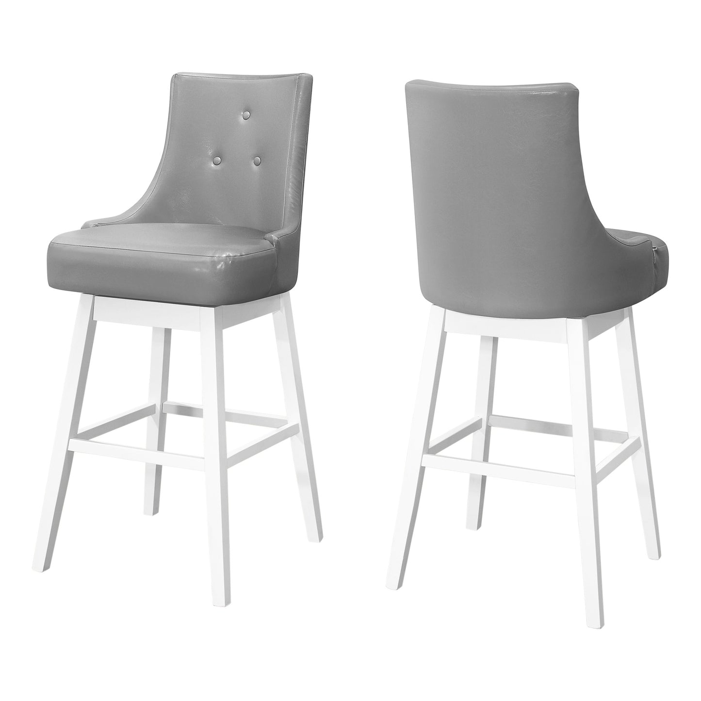 Set Of Two 29" Gray And White Faux Leather And Solid Wood Swivel Bar Height Bar Chairs With Footrest