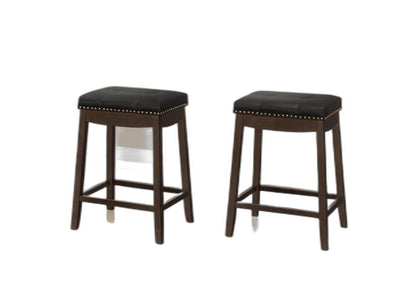 Set Of Two 25" Black And Espresso Faux Leather And Solid Wood Backless Counter Height Bar Chairs With Footrest