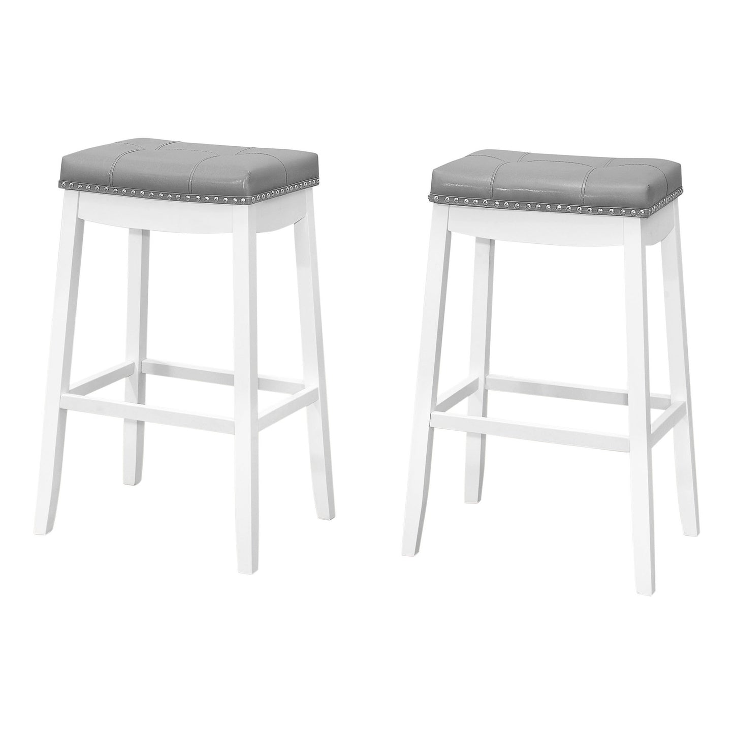 Set Of Two 30" Gray And White Faux Leather And Solid Wood Backless Bar Height Bar Chairs With Footrest