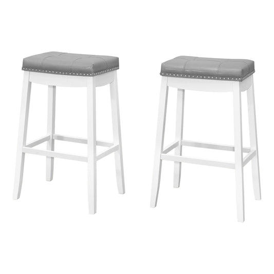 Set Of Two 30" Gray And White Faux Leather And Solid Wood Backless Bar Height Bar Chairs With Footrest
