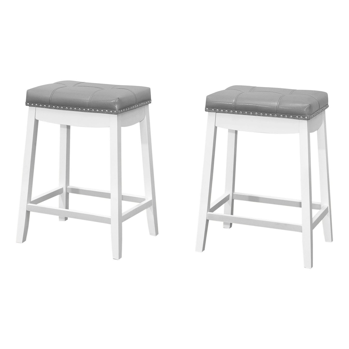 Set Of Two 25" Gray And White Faux Leather And Solid Wood Backless Counter Height Bar Chairs With Footrest
