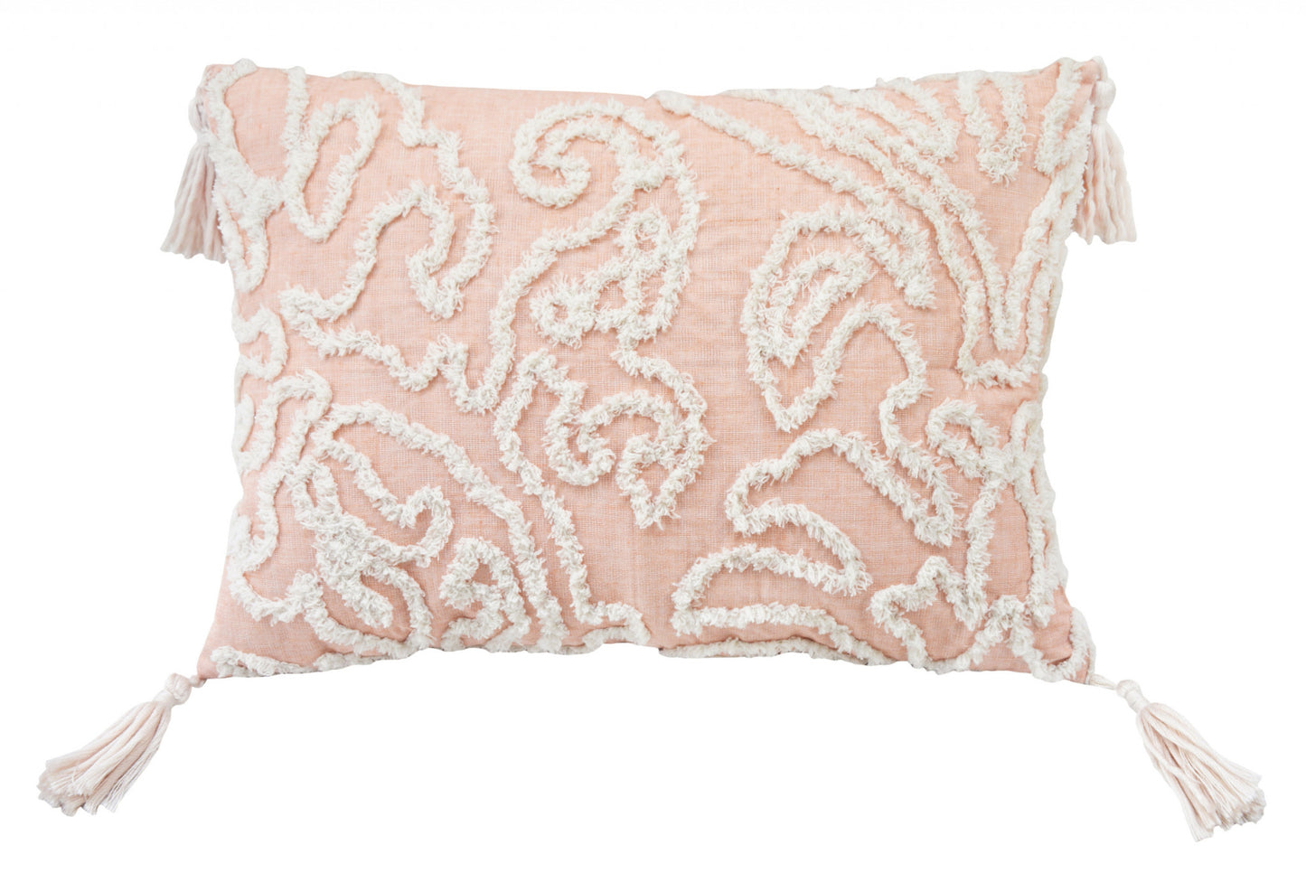 13" X 18" Beige And White Abstract Zippered Polyester Throw Pillow With Tassels