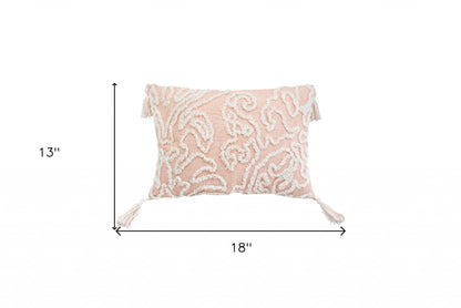 13" X 18" Beige And White Abstract Zippered Polyester Throw Pillow With Tassels