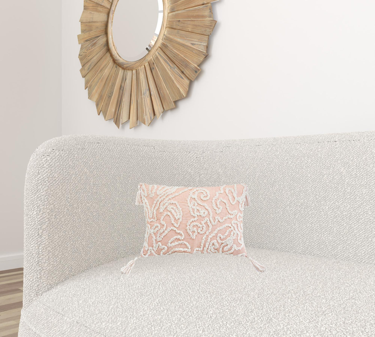 13" X 18" Beige And White Abstract Zippered Polyester Throw Pillow With Tassels
