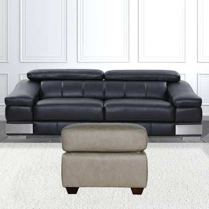 22" Stone Genuine Leather And Brown Ottoman