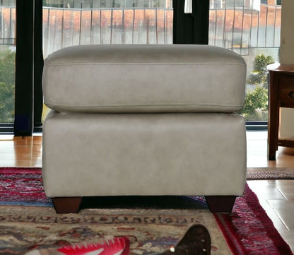 22" Stone Genuine Leather And Brown Ottoman