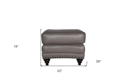 22" Gray Genuine Leather And Brown Ottoman