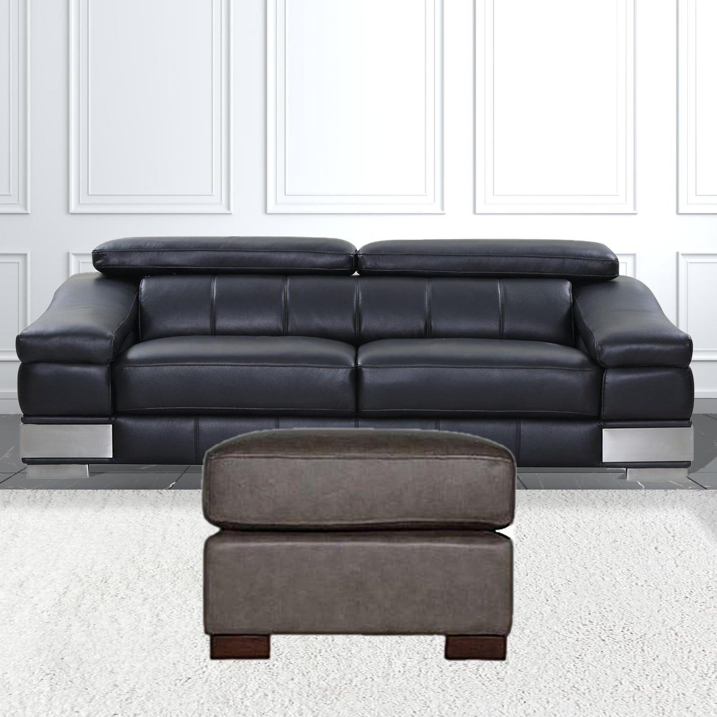 22" Gray Genuine Leather And Brown Ottoman