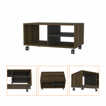 32" Walnut and Black Open Rectangular Coffee Table With Three Shelves