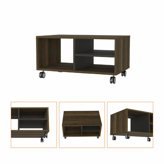 32" Walnut and Black Open Rectangular Coffee Table With Three Shelves