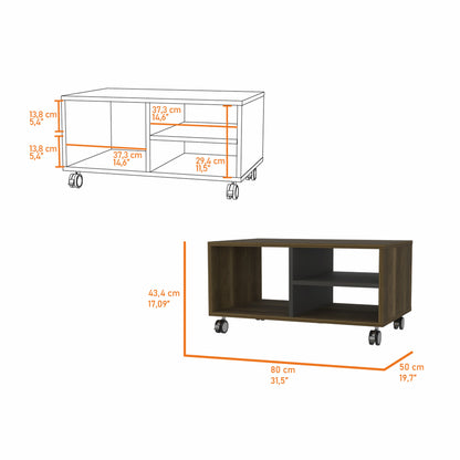 32" Walnut and Black Open Rectangular Coffee Table With Three Shelves