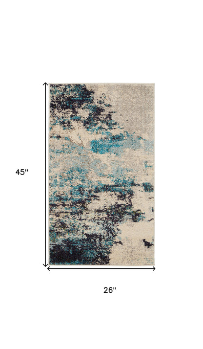 2' X 4' Ivory And Teal Blue Abstract Power Loom Non Skid Area Rug