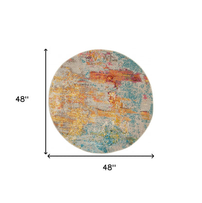 4' X 4' Ivory and Aqua Round Abstract Power Loom Non Skid Area Rug
