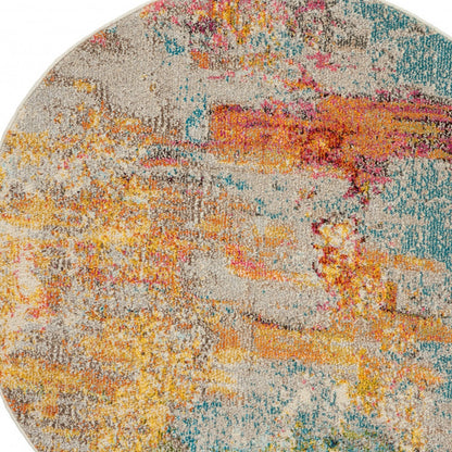 4' X 4' Ivory and Aqua Round Abstract Power Loom Non Skid Area Rug