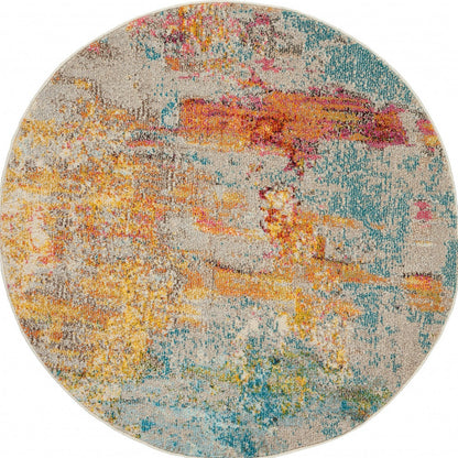 4' X 4' Ivory and Aqua Round Abstract Power Loom Non Skid Area Rug
