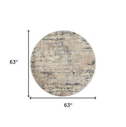 5' X 5' Beige And Grey Round Abstract Power Loom Non Skid Area Rug