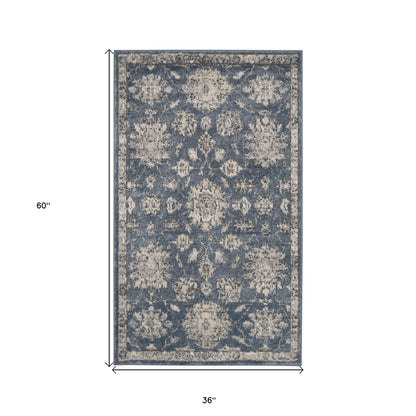 3' X 5' Blue And Beige Oriental Power Loom Non Skid Area Rug
