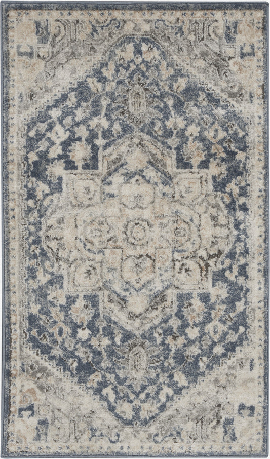 2' X 4' Ivory And Blue Oriental Power Loom Non Skid Area Rug