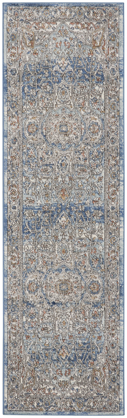 2' X 8' Ivory And Blue Oriental Power Loom Non Skid Runner Rug