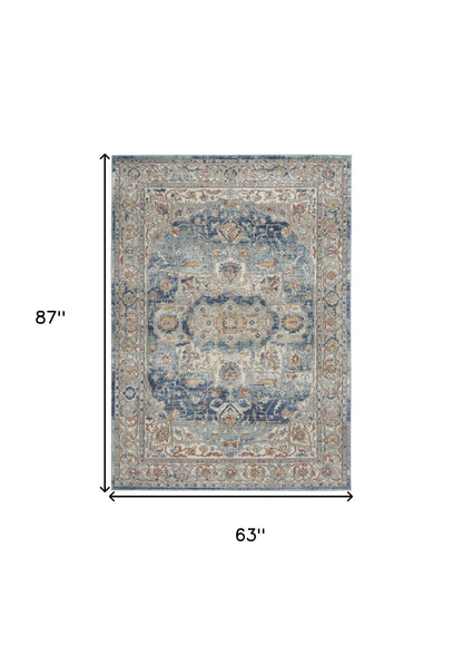 5' X 7' Ivory And Blue Oriental Power Loom Non Skid Area Rug