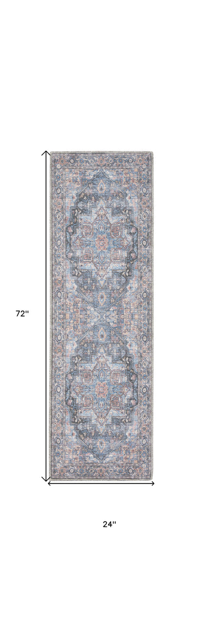 2' X 6' Light Blue Oriental Power Loom Distressed Washable Runner Rug