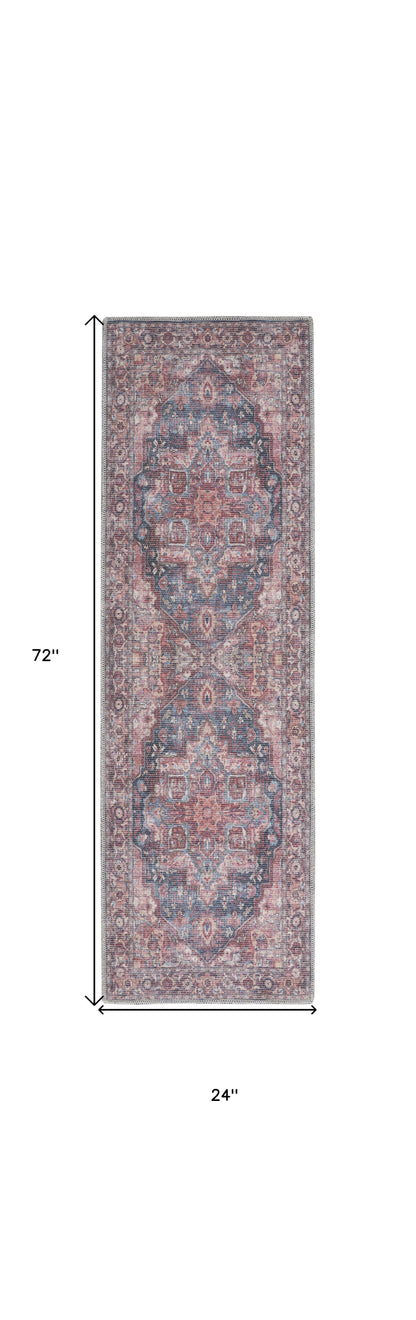 2' X 6' Red Oriental Power Loom Distressed Washable Runner Rug