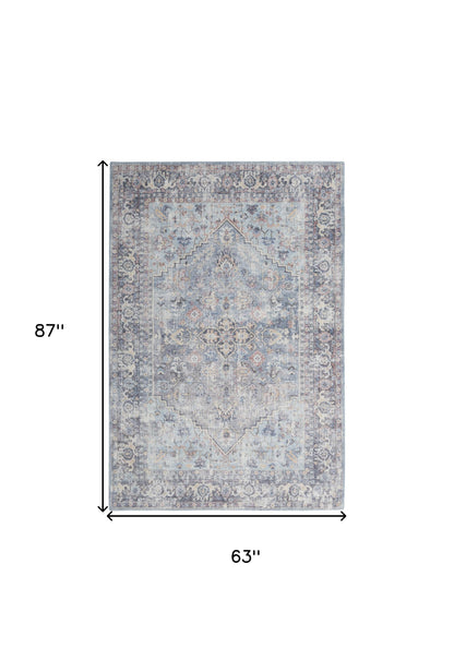 5' X 7' Light Grey And Blue Oriental Power Loom Distressed Washable Area Rug