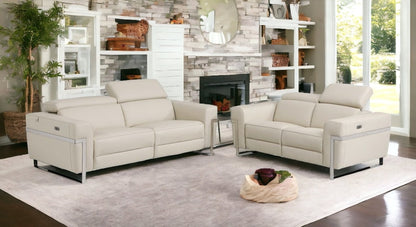 Two Piece Indoor Beige Italian Leather Five Person Seating Set