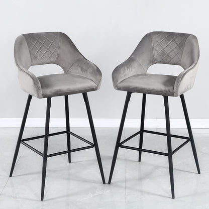Set Of Two 38" Gray Velvet And Black Open Back Bar Height Chairs