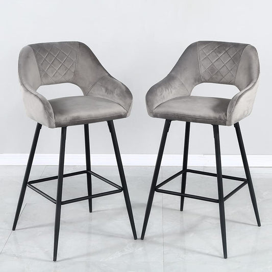 Set Of Two 38" Gray Velvet And Black Open Back Bar Height Chairs