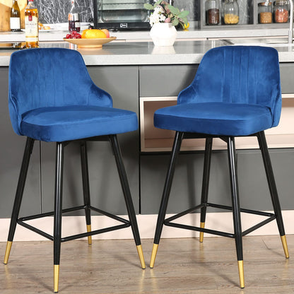 Set Of Two 36" Blue Velvet And Black And Gold Iron Swivel Bar Height Chairs