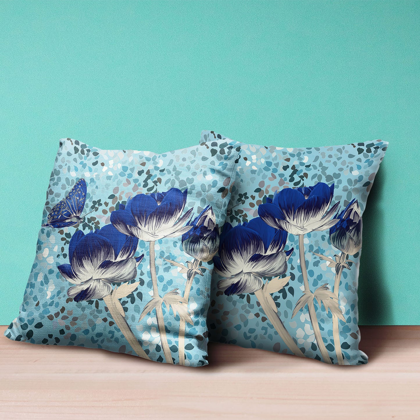 16" X 16" Aqua Blue And Cream Roses and Butterfly Suede Throw Pillow